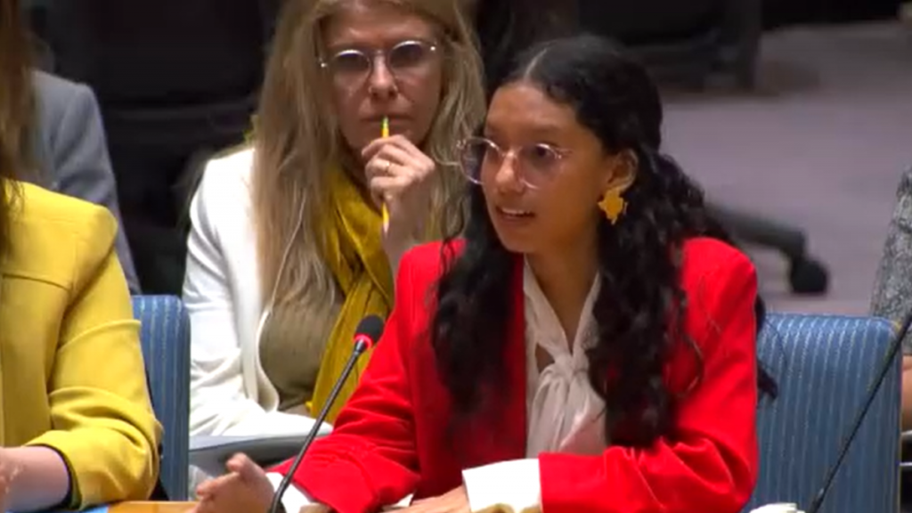 Violeta* participa presencialmente en el Consejo de Seguridad de la ONU y pide que los niños y niñas tengan voz en los procesos de paz
